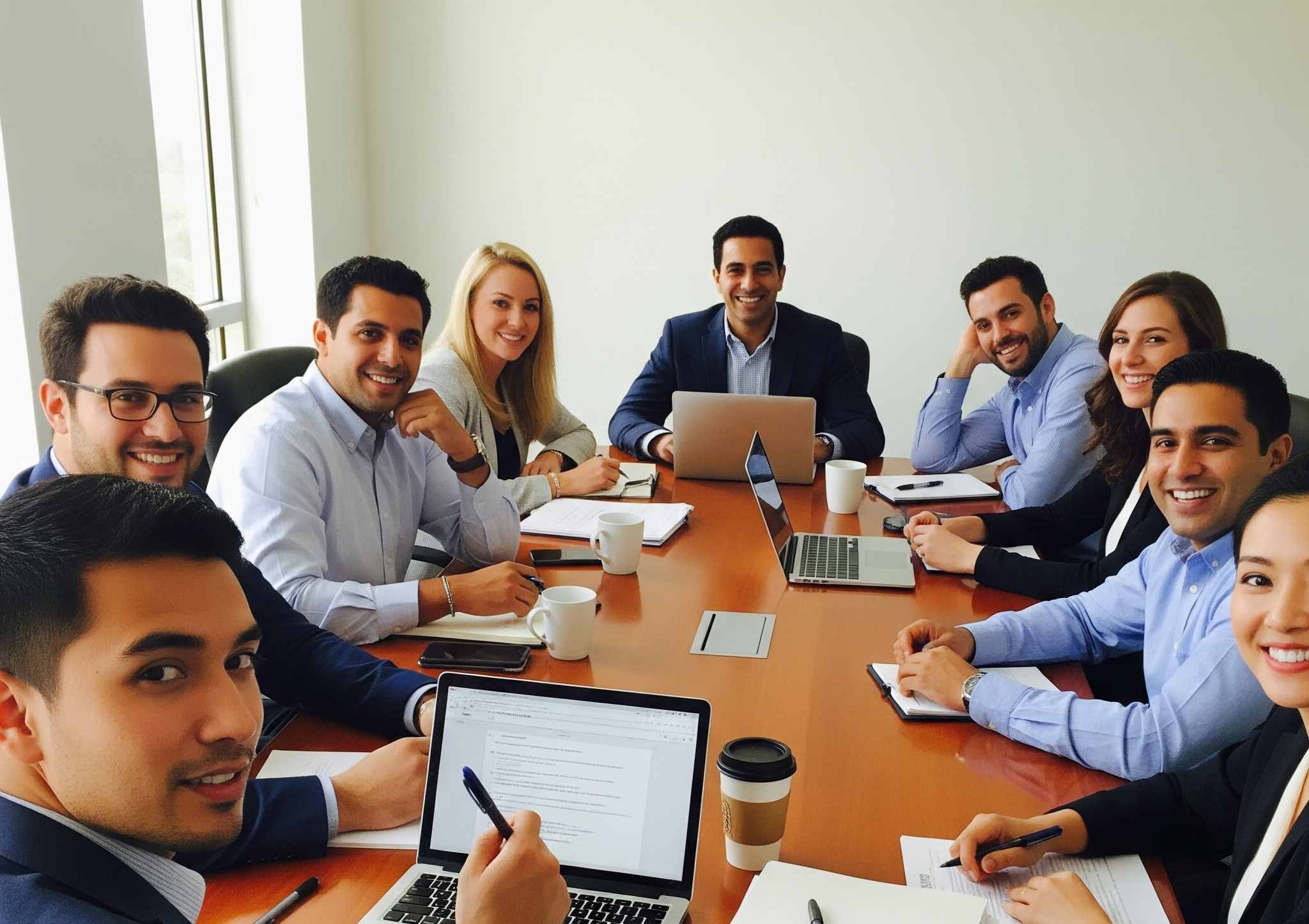 Strategic consulting team collaborating around conference table with laptops and business documents